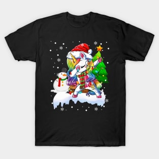 Dab Dance Unicorn Funny Christmas Lights Dabbing Unicorn Snowman Xmas T-Shirt